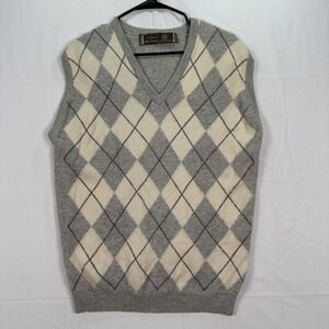 Lyle & Scott Cashmere Sweater Vest Mens Medium Gray Argyle V Neck Made Scotland